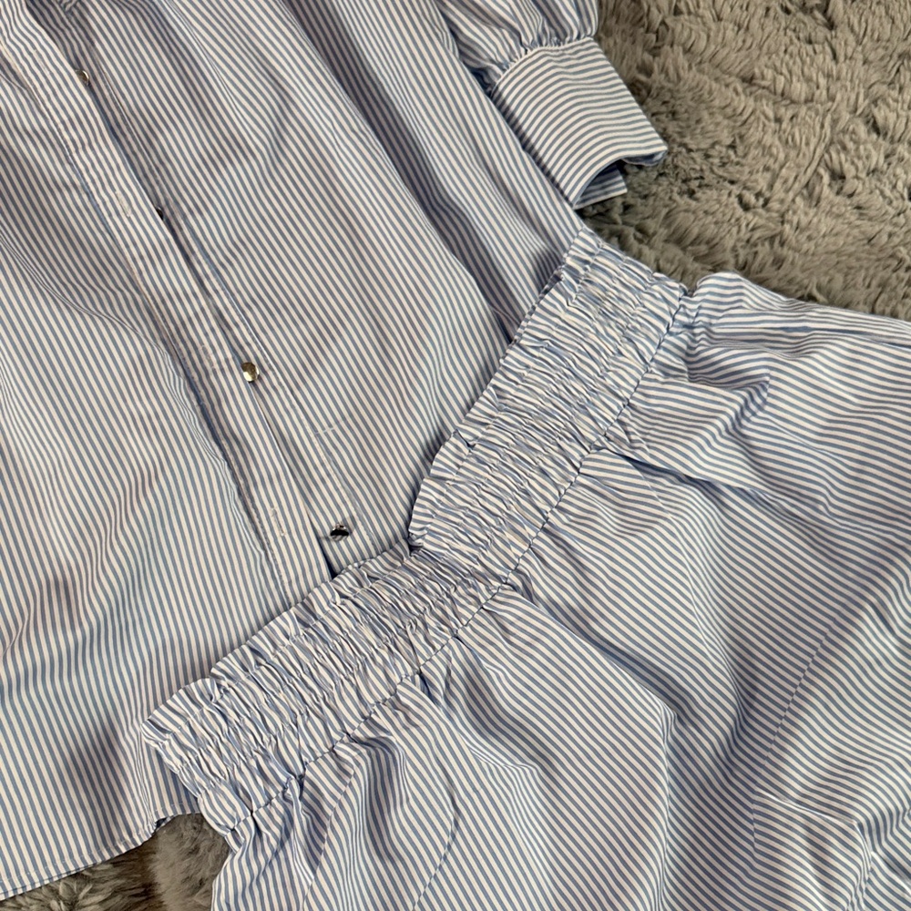 Striped Blue Mini Dress Set with Ruffle Hem - Picture 4 of 4